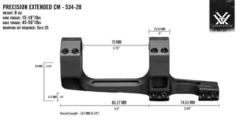 Vortex Optics - Precision Extended Mount - 34 mm - 20 MOA - černá - CM-534-20