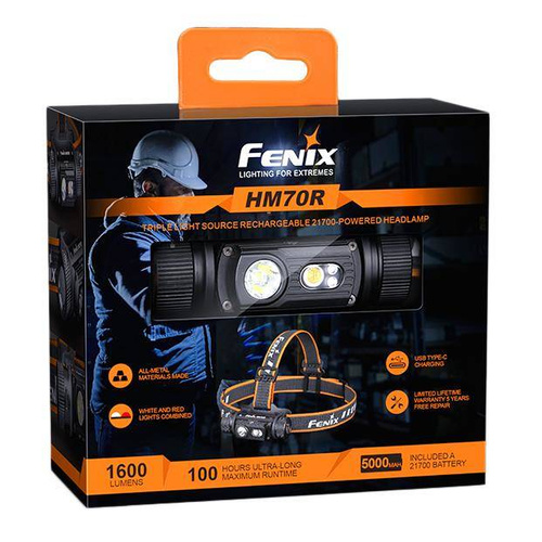 Fenix - Čelovka LED s dobíjecí baterií 5000 mAh - 1600 lumenů - HM70R
