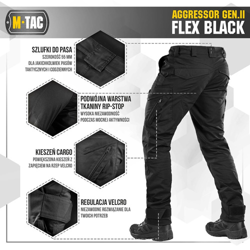 M-Tac - Taktické kalhoty Aggressor Gen.II Flex - Ripstop - černé - 20058002